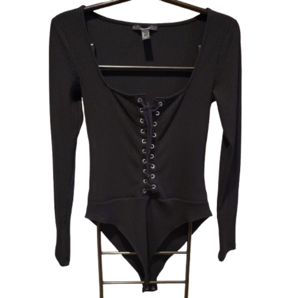 Forever 21 Lace Up Ribbed Bodysuit Top Black Large - Picture 3 of 12